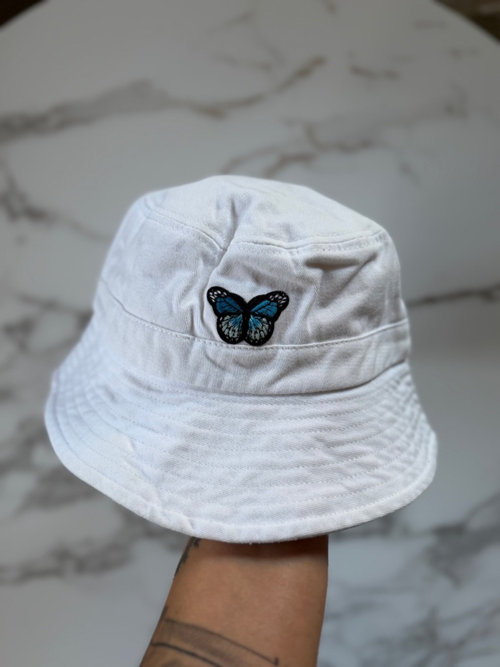 White Bucket Hat with Blue Butterfly Patch